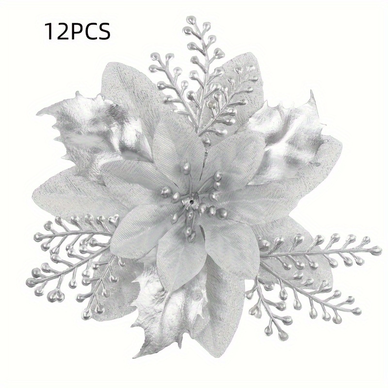 12pcs Christmas Decorations, Gold And Silver Christmas Flowers Upscale Pendant, 3 Gold Powder Christmas Flowers, Christmas Tree Wreath Decorations, Hotel Home Decoration Plastic Flowers