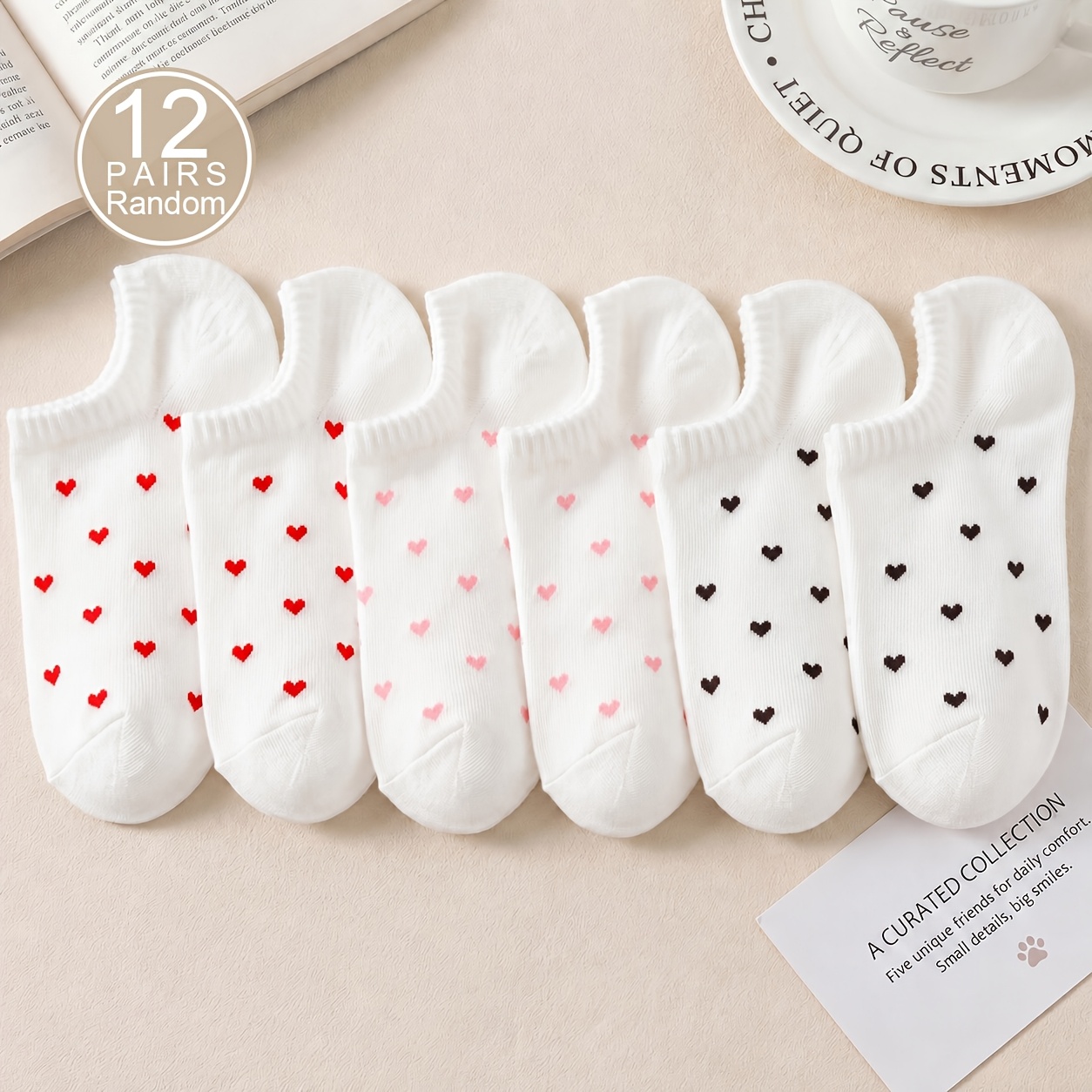 TEMU 12 Pairs Women's Random Small Heart-shaped Solid Color Fashionable Low Top Invisible Boat Socks, Soft, Comfortable, Breathable, Versatile In ,