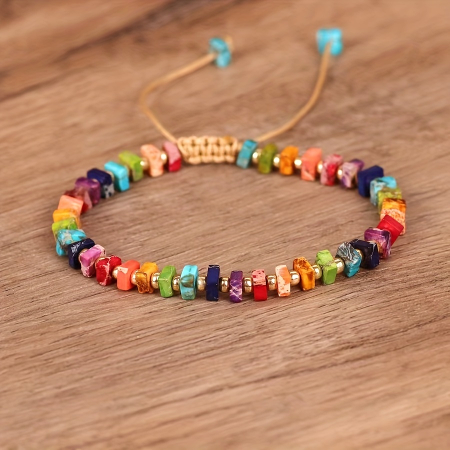 

1pc Square Bead Colorful Braided Bracelet, Ethnic Bohemian Style Natural Beaded Bracelet For Jewelry Accessories