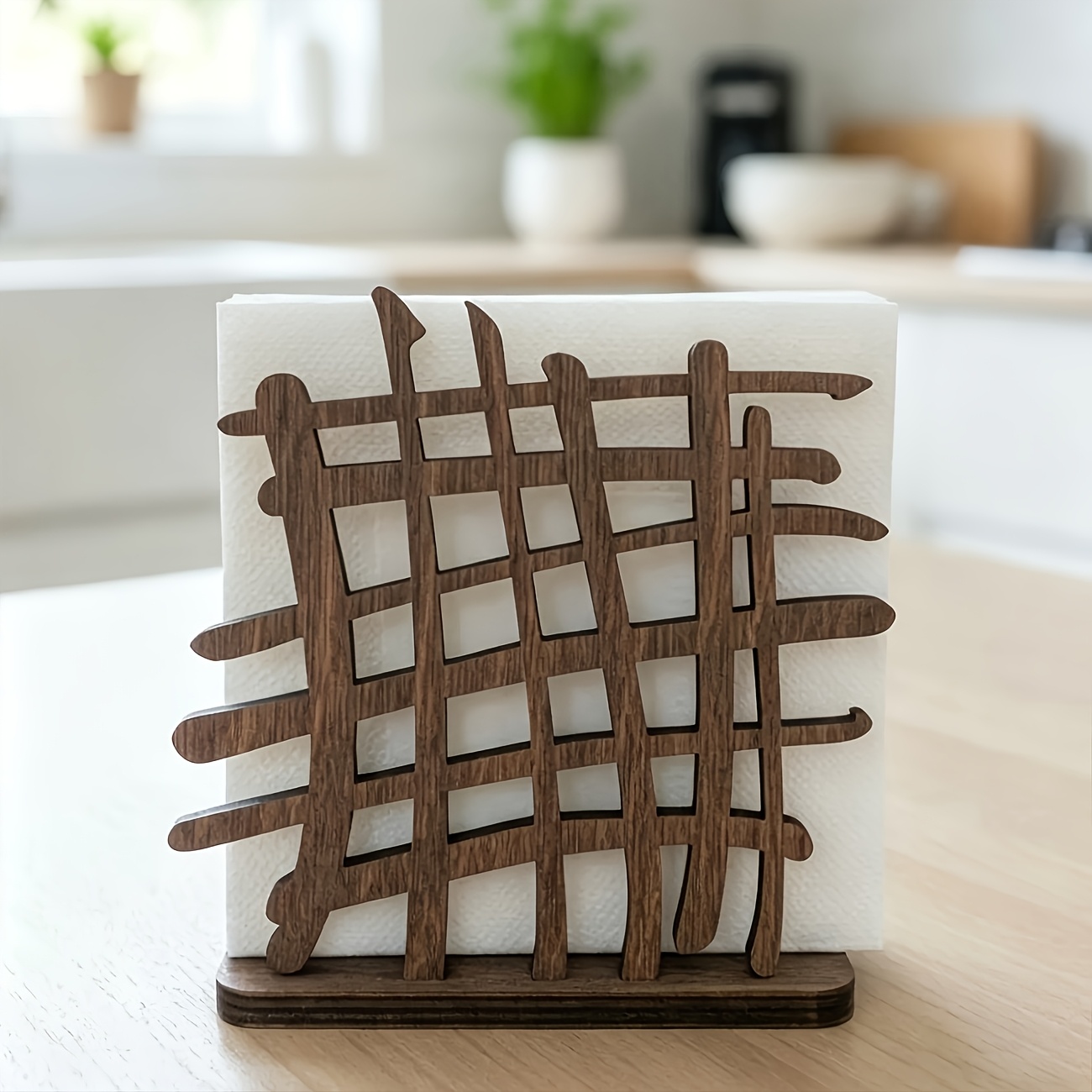 TEMU 1pc Retro Hollow Irregular Grid Wooden Napkin Holder, Creative Pattern Decorative Storage Rack, Country Style Farmhouse Tabletop Napkin Holder,