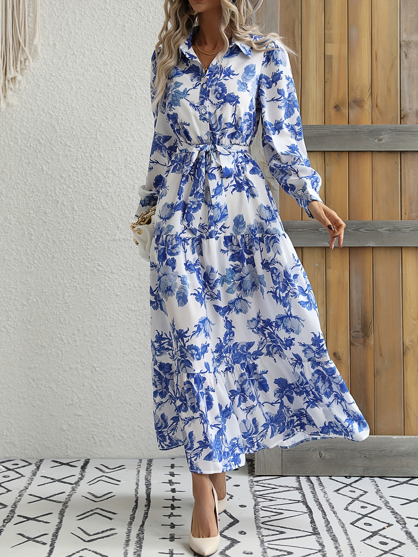elegant blue floral print long sleeve dress with tie waist and   hem chic a line silhouette button details   spring summer fall adult womens fashion floral dress