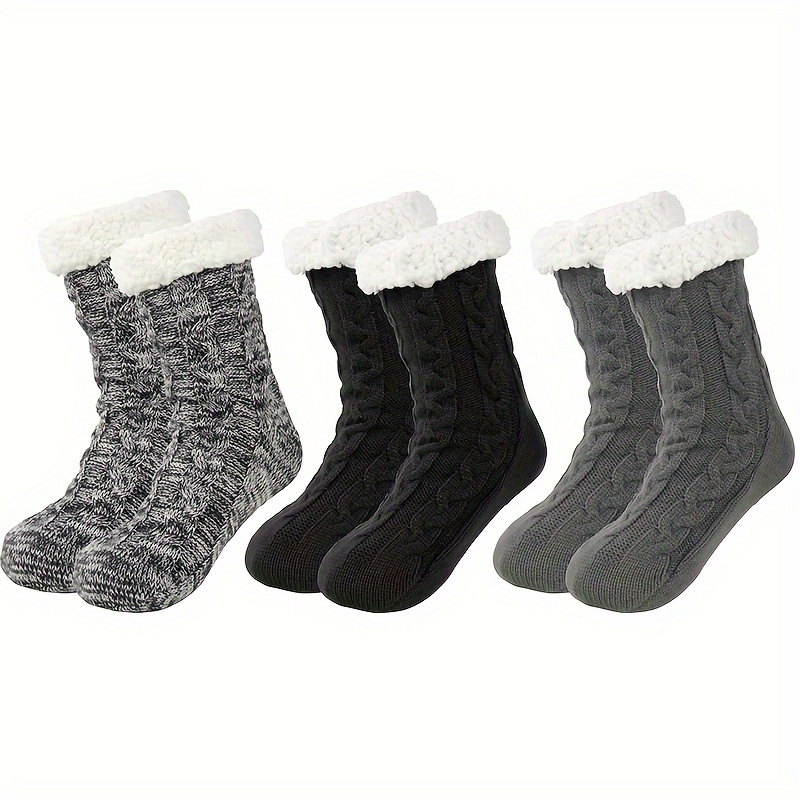 

3 Pairs Men Fuzzy Slipper Socks With Grippers Non Slip Indoor House Socks Christmas Gifts