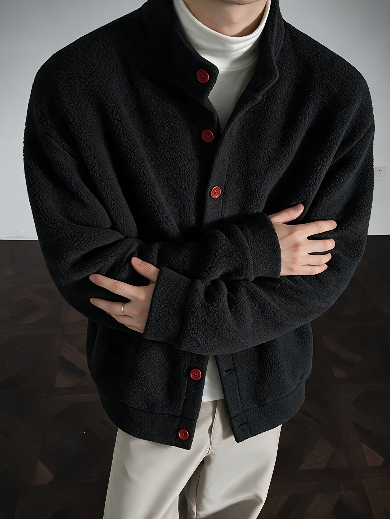 item picture mens fleece jacket 1pc mens autumn   trendy casual individual all match warm lamb fleece jacket coat regular fit comfortable warm fabric suitable for autumn winter daily casual  