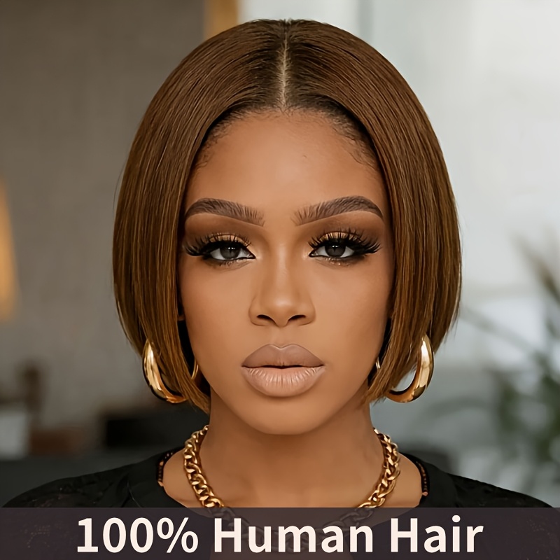 TEMU 13x4 Lace Front Wig Human Hair Brown Short Bob Straight Hair 150% Density Brazilian Hair Wig For Women 13x4 Transparent Lace 4# Color For Daily