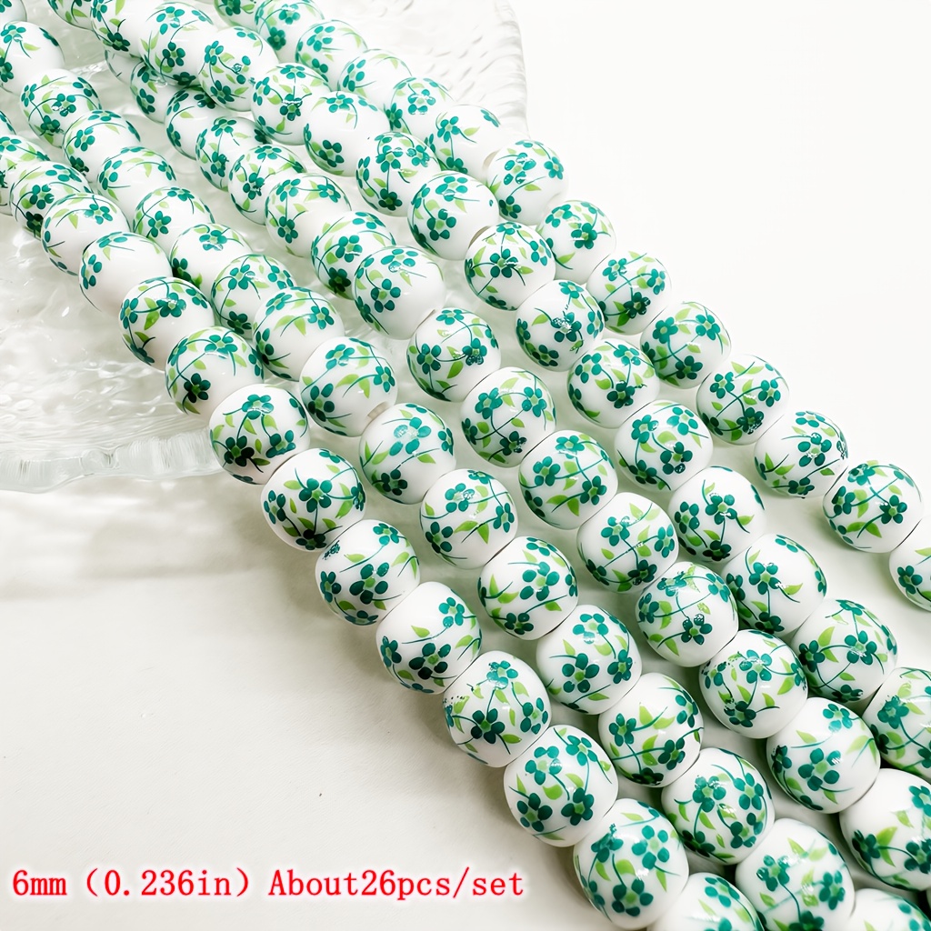 TEMU 20/26pcs Set Of Vintage Orchid Ceramic Beads, 8/6mm White With Green Pattern Round Loose Beads For Making, Braided Bracelets And Necklaces,