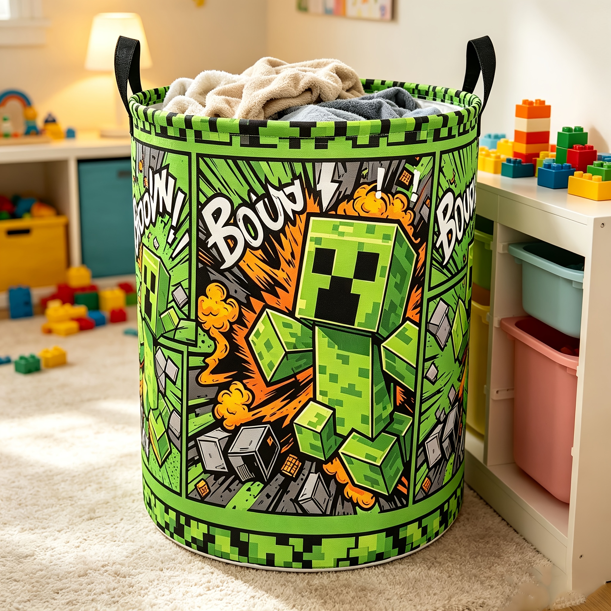 TEMU 1 pièce, Panier de rangement portable tendance et cool avec imprimé Creeper en blocs de pixels de style bande dessinée, Panier à linge sale pour