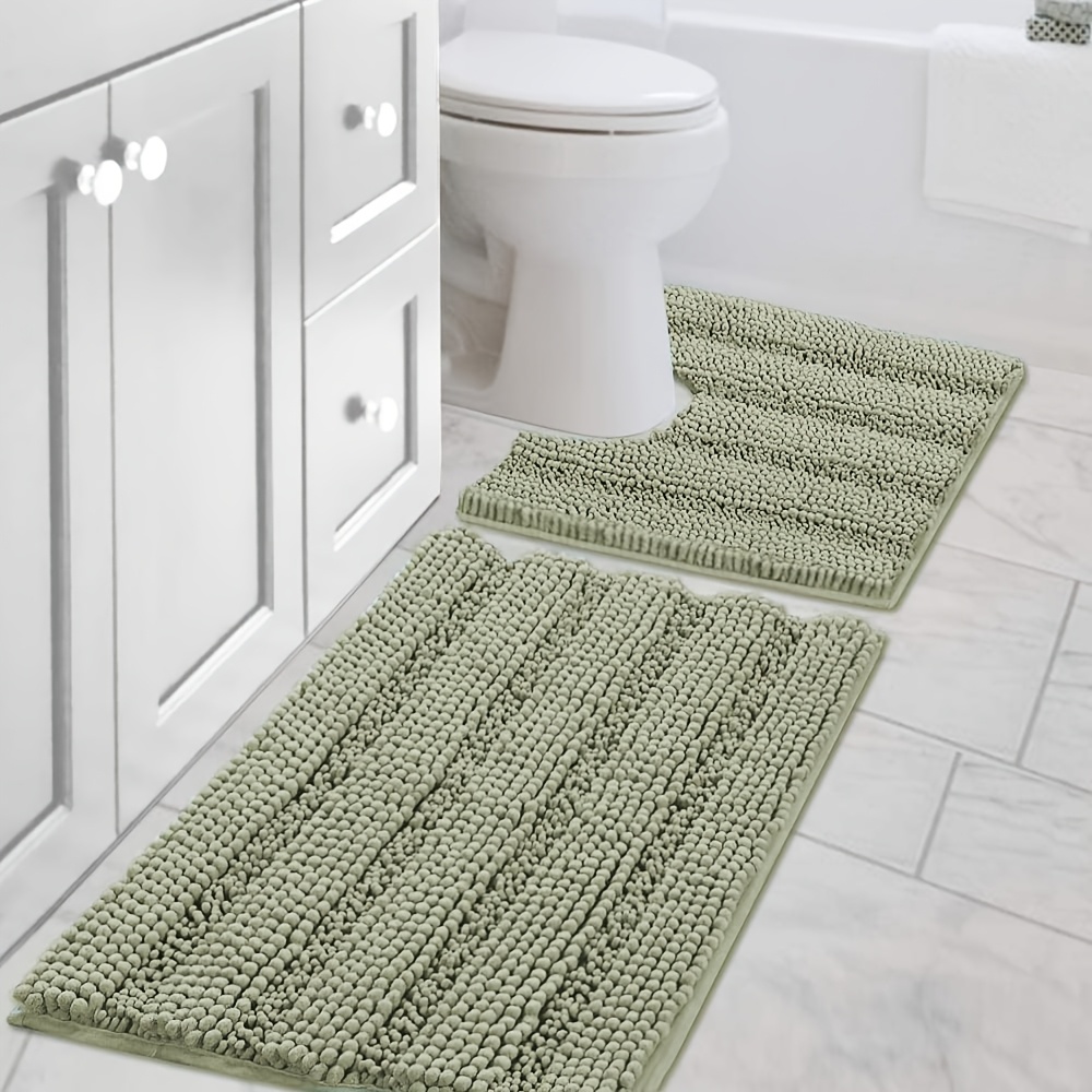 TEMU 2pcs Aierjia Bathroom Rug Set | Non-slip Contour Bath Mat And Toilet Mat, Ultra Thick Water Absorbent Striped, Machine Washable, Polyester