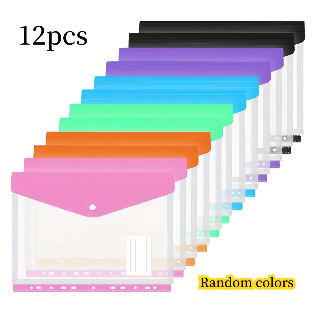 TEMU 12-pack A4 11-hole Binder Pockets Plastic Envelopes, Expanding File Folders With Color Labels | Transparent Document Bags For 3-ring Binder,