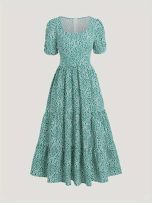 lightweight design elegant floral midi dress with puffed sleeves chic square neck lightweight polyester blend summer vacations