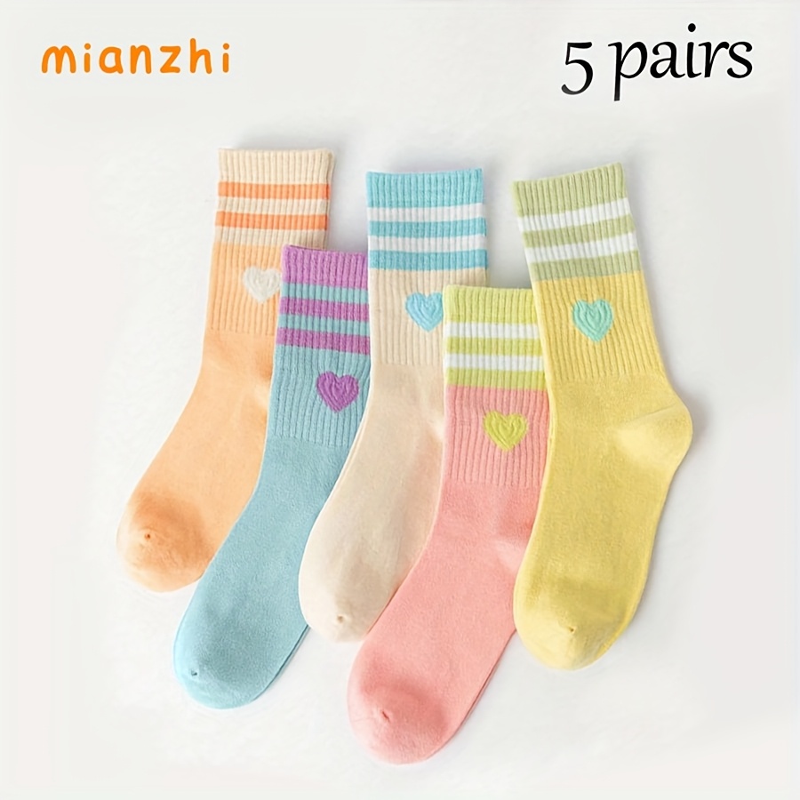 E-shop 5-Pack MIANZHI Socken mit Dopamin-Herzmuster, Unisex japanischer Stil, vielseitige gestreifte Zwei-Streifen Wadenstrümpfe, geeignet für den