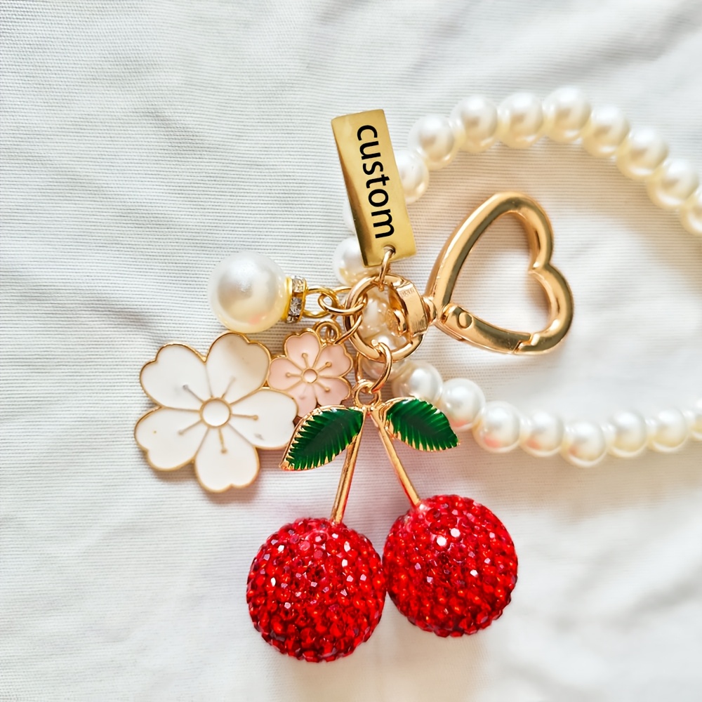 TEMU Personalized Laser-engraved Custom Name, Fashionable Backpack Charm, Heart-shaped Floral Rhinestone Cherry Pendant | Heart Keychain, Birthday
