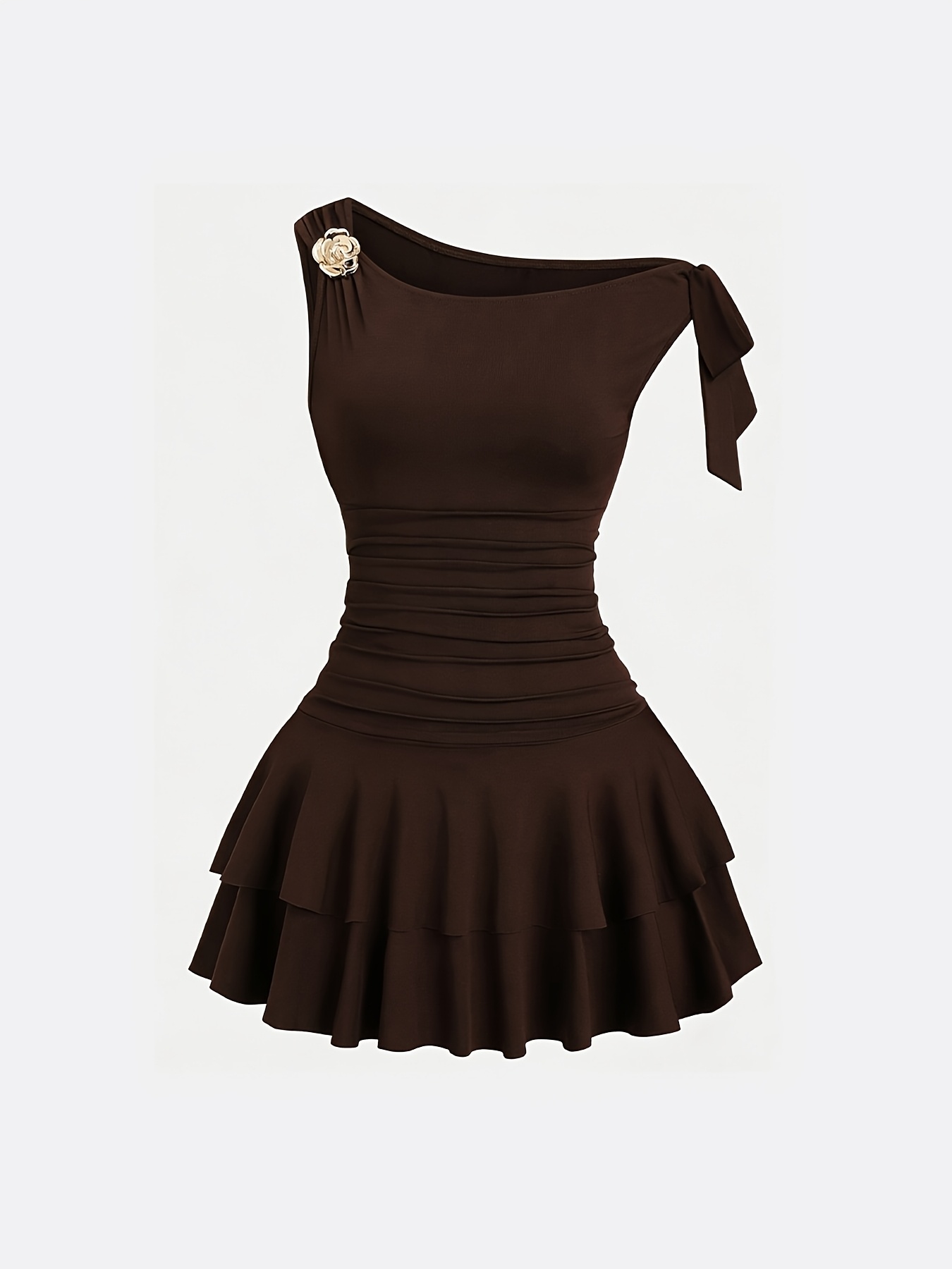 Women'S Stylish Dress with Metallic Flower Decoration, Pleated Shoulders, And Ruffled Hem