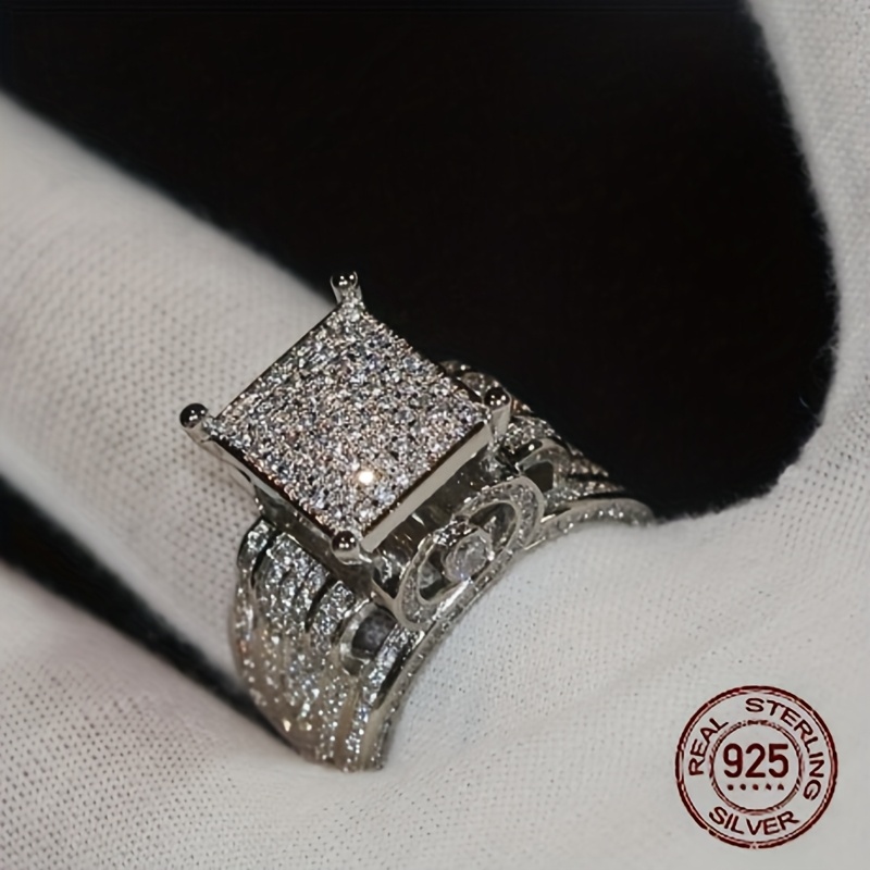 Exaggerated 925 Sterling Silver Ring Full White Synthetic Zirconia Engagement Jewelry for Women Valentine's Day Gift