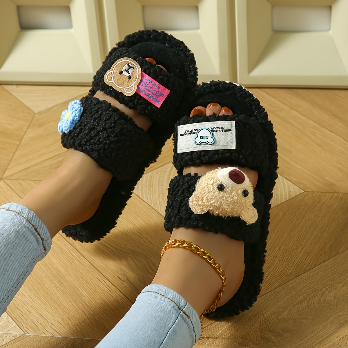 

Women's Plush Slippers With Cartoon , Black Eva Sole, Lightweight & Quiet, Fabric Upper & Inner, Open Toe For Bedroom, Office, Hotel, Patio - Cute Animal-inspired Footwear