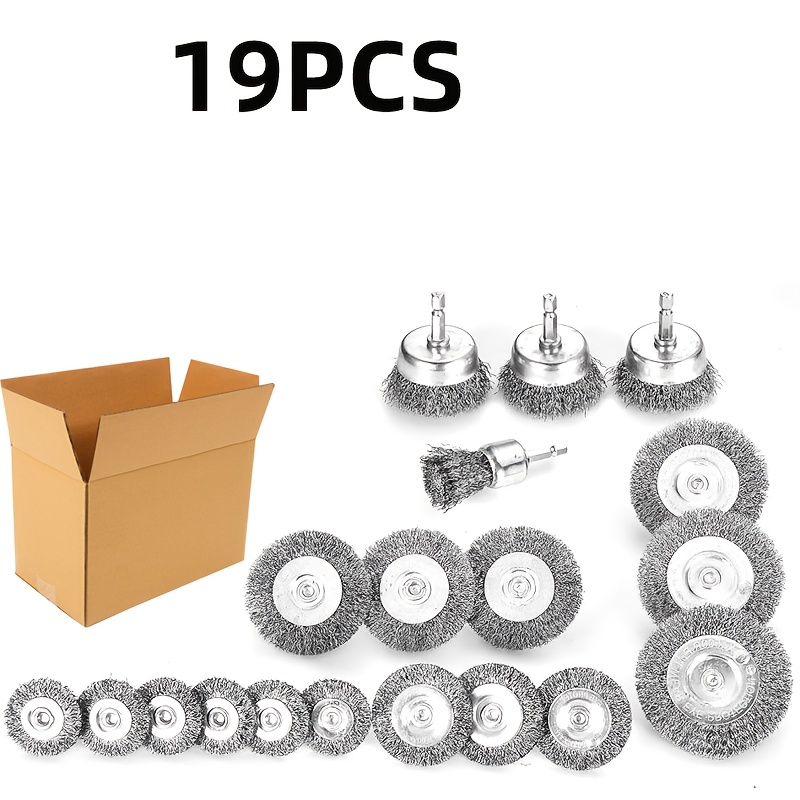 Image of 19pcs Drill Wire Brush Set, Hex Handle, Electric, Bowl-shaped, For Woodworking, Wall Surface, Rust Removal, Polishing
