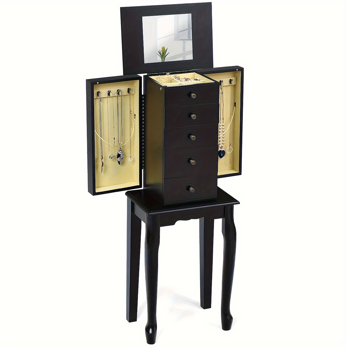 

Giantex Jewelry Cabinet Armoire With Top Mirror, 5 Drawers, 2 Swing Doors, Wooden Jewelry Treasure Storage Chest With Large Storage, Standing Jewelry Organizer (black)