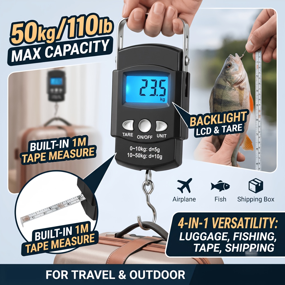 TEMU Pèse-bagages numérique portable 50 kg/110 lb, balance de voyage à main avec écran LCD rétroéclairé, fonction , mètre ruban intégré de 1 m, mini
