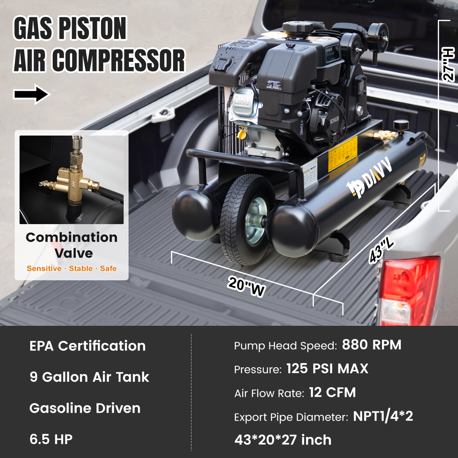 6 5  gas powered portable air compressor with 9 gal   12 cfm 125 psi without battery Product details 0