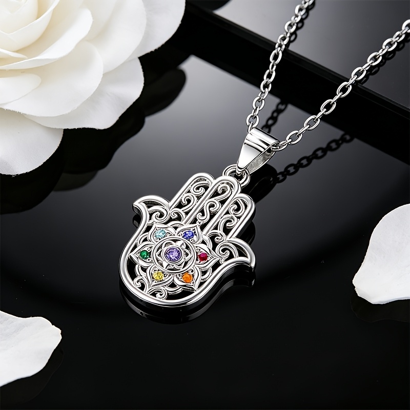 Women's S925 Silver Hamza Necklace with Lotus Chakra Pendant