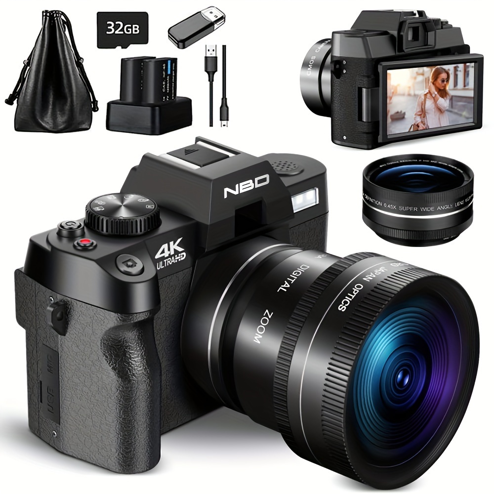 

Nbd Cameras For Photography & 4k Video, 48 Mp Vlogging Camera With 180° Flip Screen, 16x Digital , Flash & , 52mm & Macro Lens, 2 Batteries, 32gb Sd Card