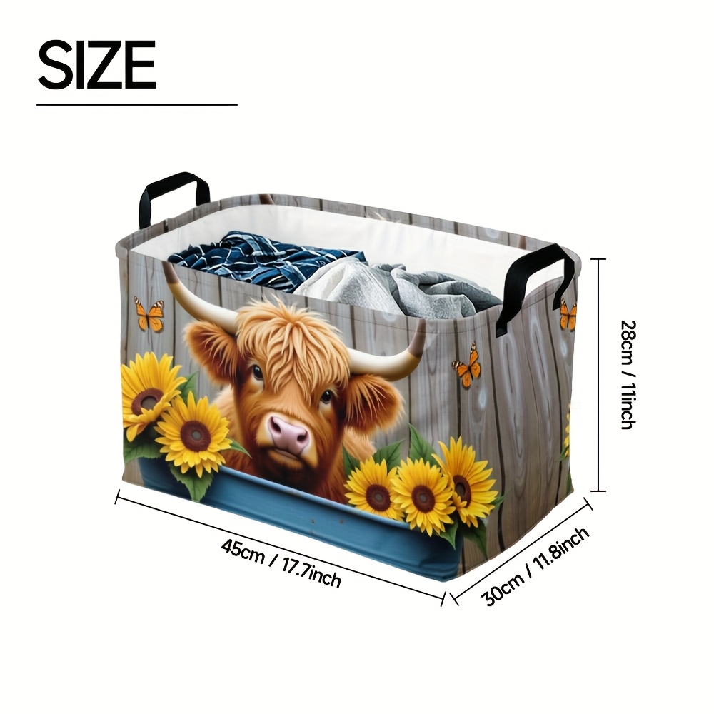 TEMU 1pc Large Highland Cow Sunflower Storage Basket - Collapsible Oxford Cloth Hamper With Sturdy Handles, Rustic Farmhouse Design For Home, Dorm,