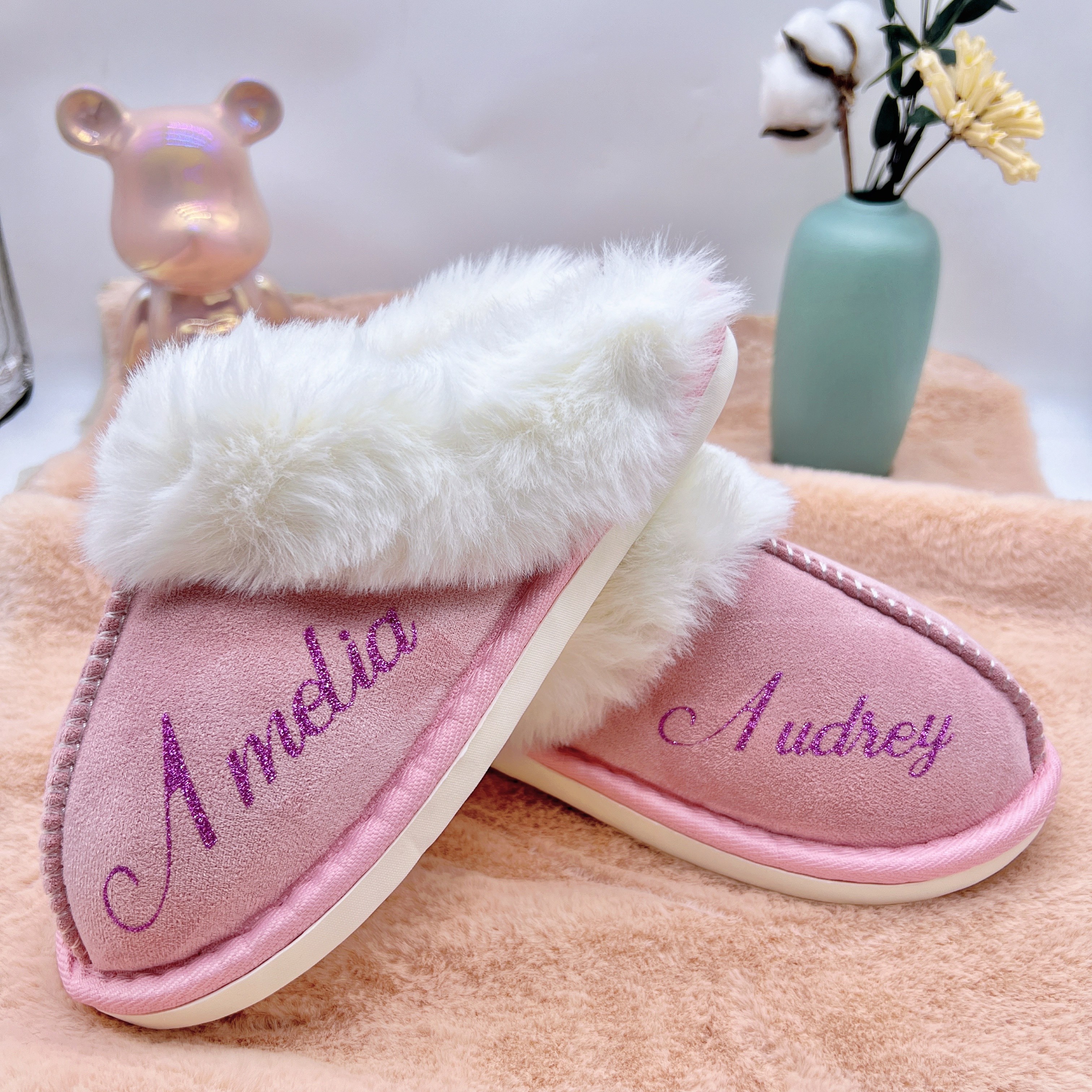 TEMU Personalized Bedroom Slippers For Women - Custom Embroidered Names, Bridesmaid Gifts, Gifts For Her, Unique Presents, Wedding Favors, Female