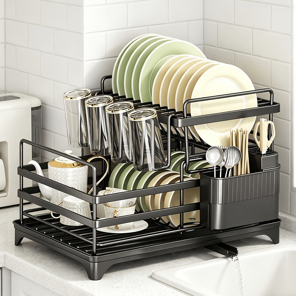 TEMU 2 Tier Large Dish Drying Rack Drainer Kitchen Sink Draining Tray Cutlery Holder Space-saving