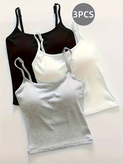 paquete de 3 camisetas sin con tirantes acanalados para mujer con de incorporada - adhesivo , estilo casual elegante, negro, beige, - para ropa casual