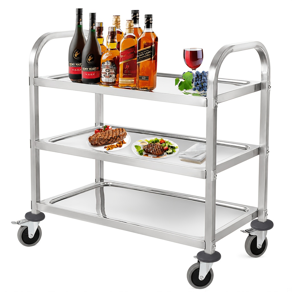 Image of Heavy-duty 3-tier Stainless Steel Serving Cart With Locking Wheels - Multifunctional Trolley, Open Shelving Storage Cart Suitable For Kitchen, Hotel, Restaurant -