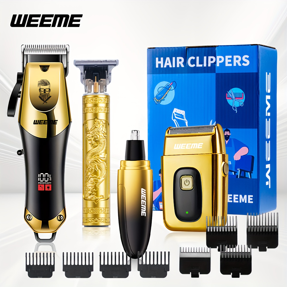 Weeme 4-delige heren gouden elektrische kapper set, huishoudelijke baard bouwset. Elektrische haartrimmer + elektrische scheerapparaat + elektrische neushaartrimmer + fijne trimmer.