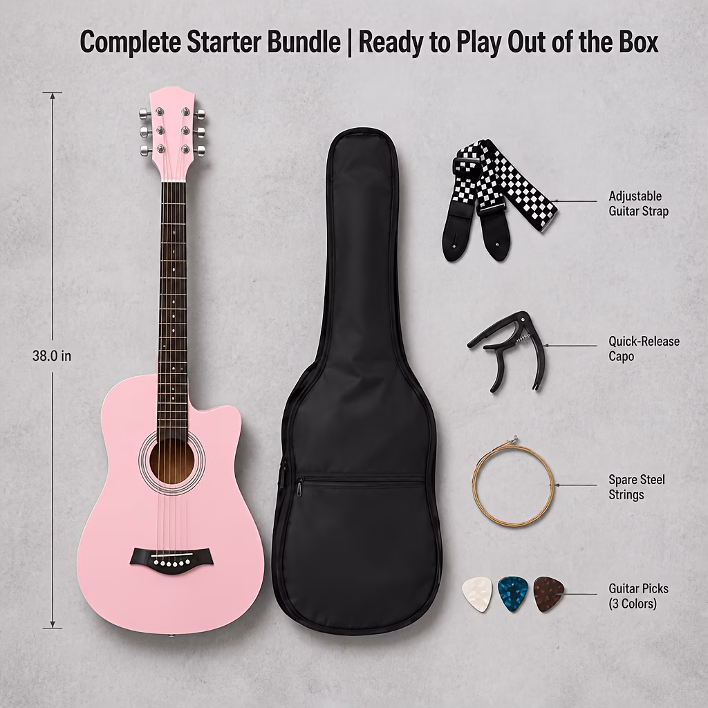 38 Inch Acoustic Guitar with 5 Color Options, Matte End Basswood...