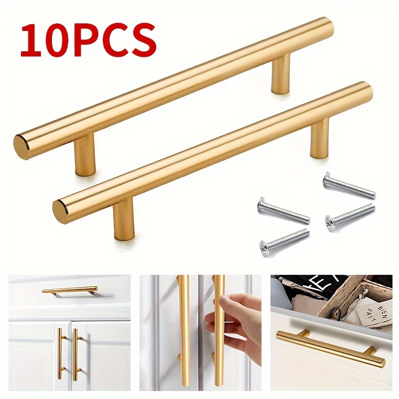 

10pcs Matte Golden Stainless Steel Cabinet Pulls - Brushed Finish, Rotating Drawer Handles With Bamboo Screws For Kitchen & Home