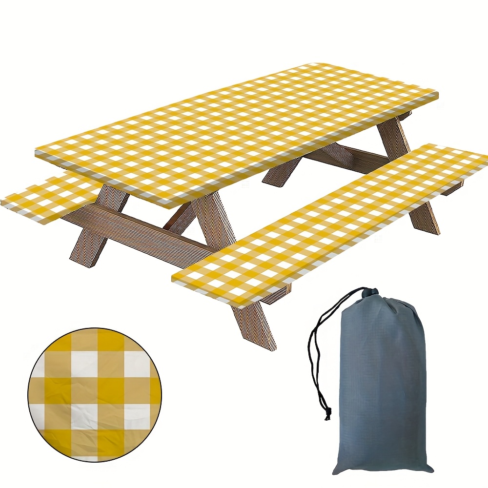 3pcs table covers and bench covers with elastic edges 6 ft red and     fitted for outdoor picnic camping and party