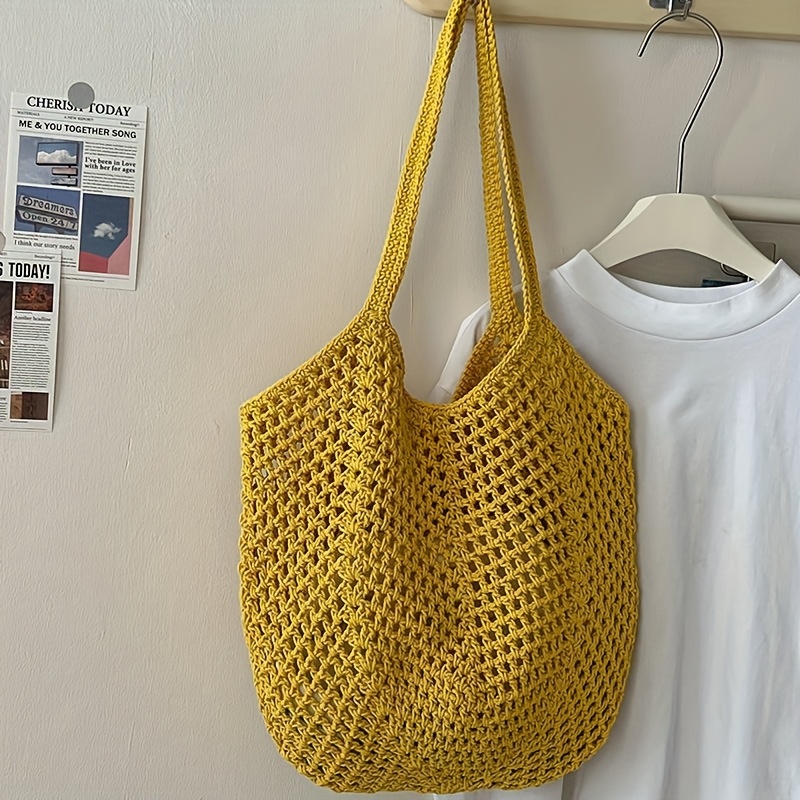 TEMU Women's Casual Large Capacity Woven Bag - Beach Tote With Adjustable Strap, Light Brown/white/yellow, Breathable Fabric For Vacation, Shopping &