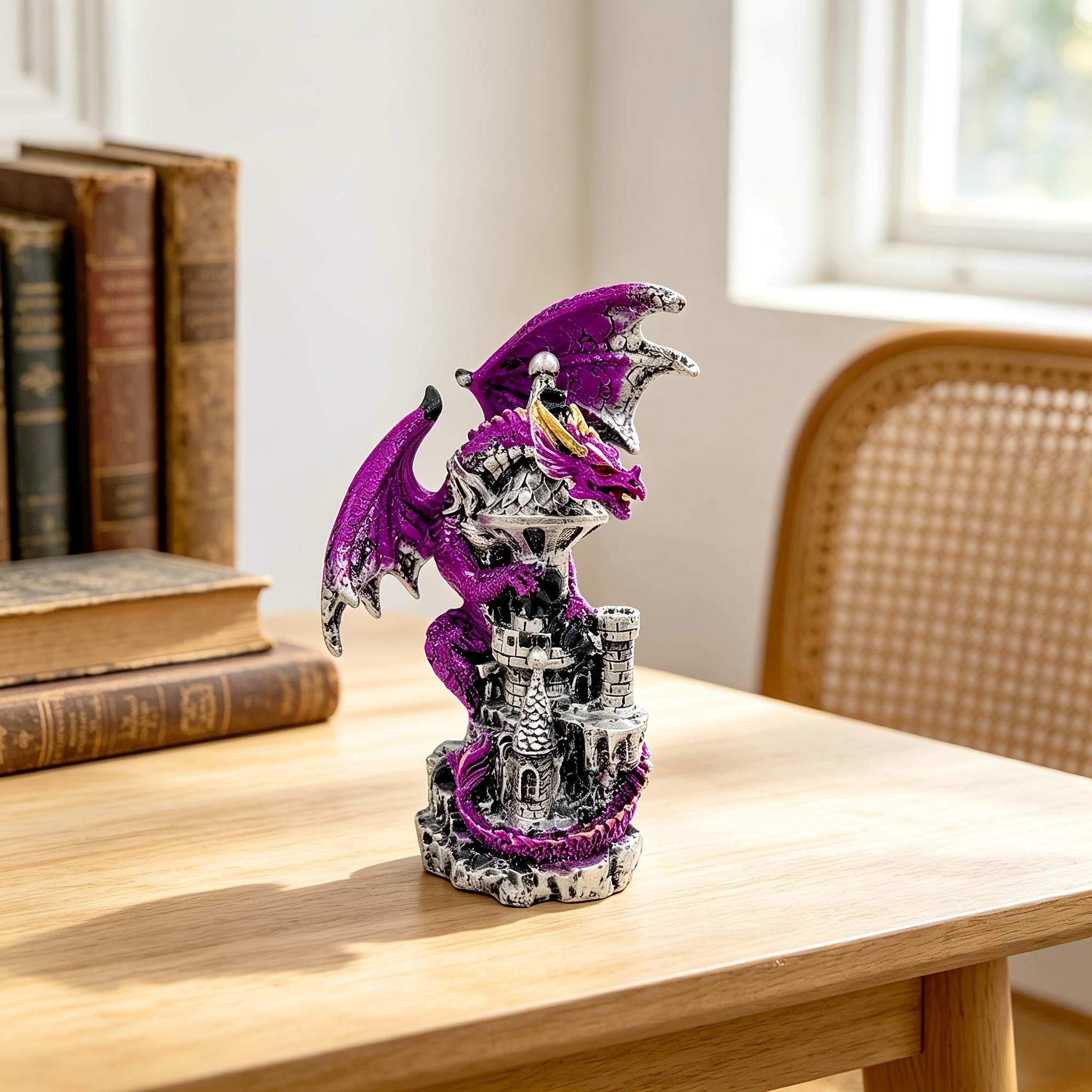 Image of Unique Purple Resin Dragon Castle Statue - Intricately Detailed For Home, Office, Garden, And Gifts, Perfect For Fantasy Lovers, Indoor & Outdoor Use, Dragon Decor