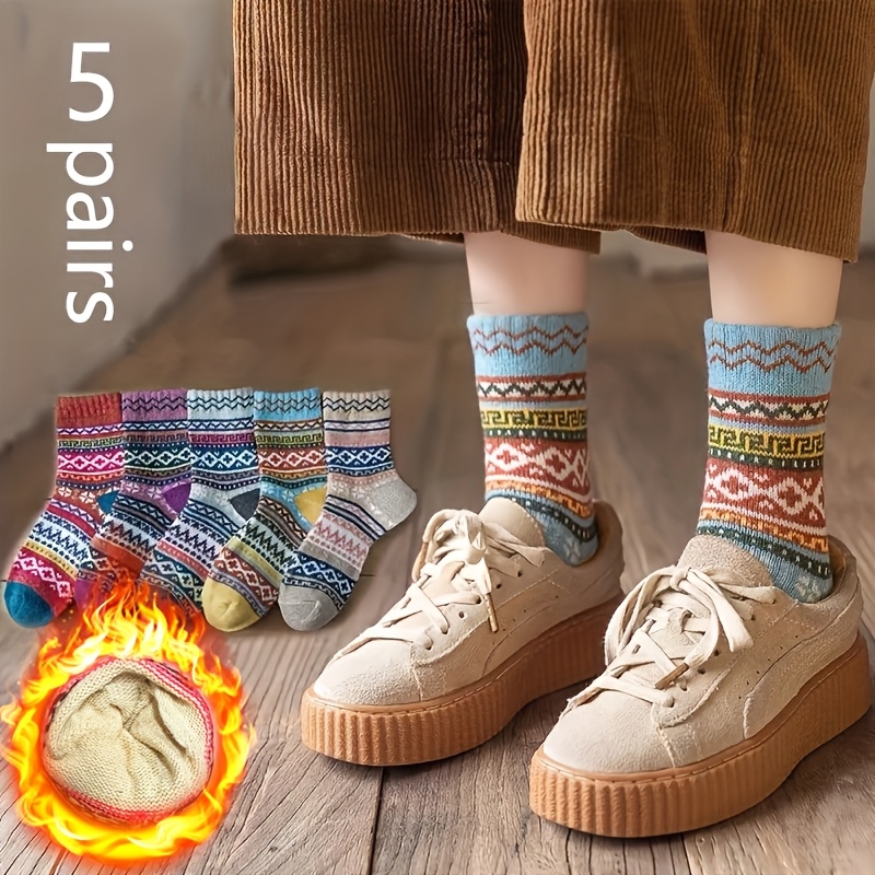 

5pcs Women's Retro Striped Mid-calf Socks - Cozy, Breathable & Soft For Fall/winter | Skin-friendly Polyester , Cute Socks