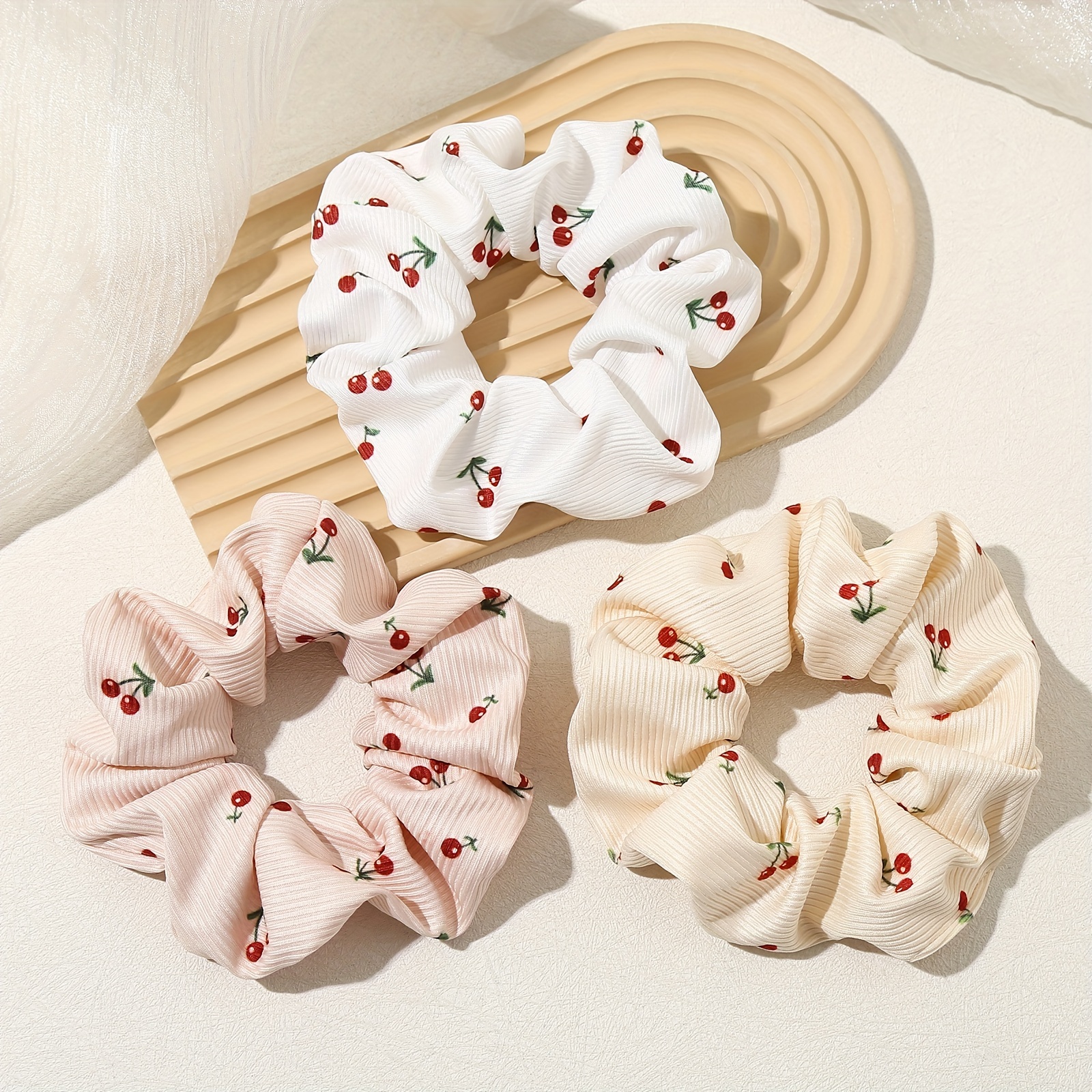 

1pc/3pcs Fabric Hair Ties For Women - Cute Minimalist Style Scrunchies With Cherry Print - Elastic Hair Rings For Ponytails And Buns