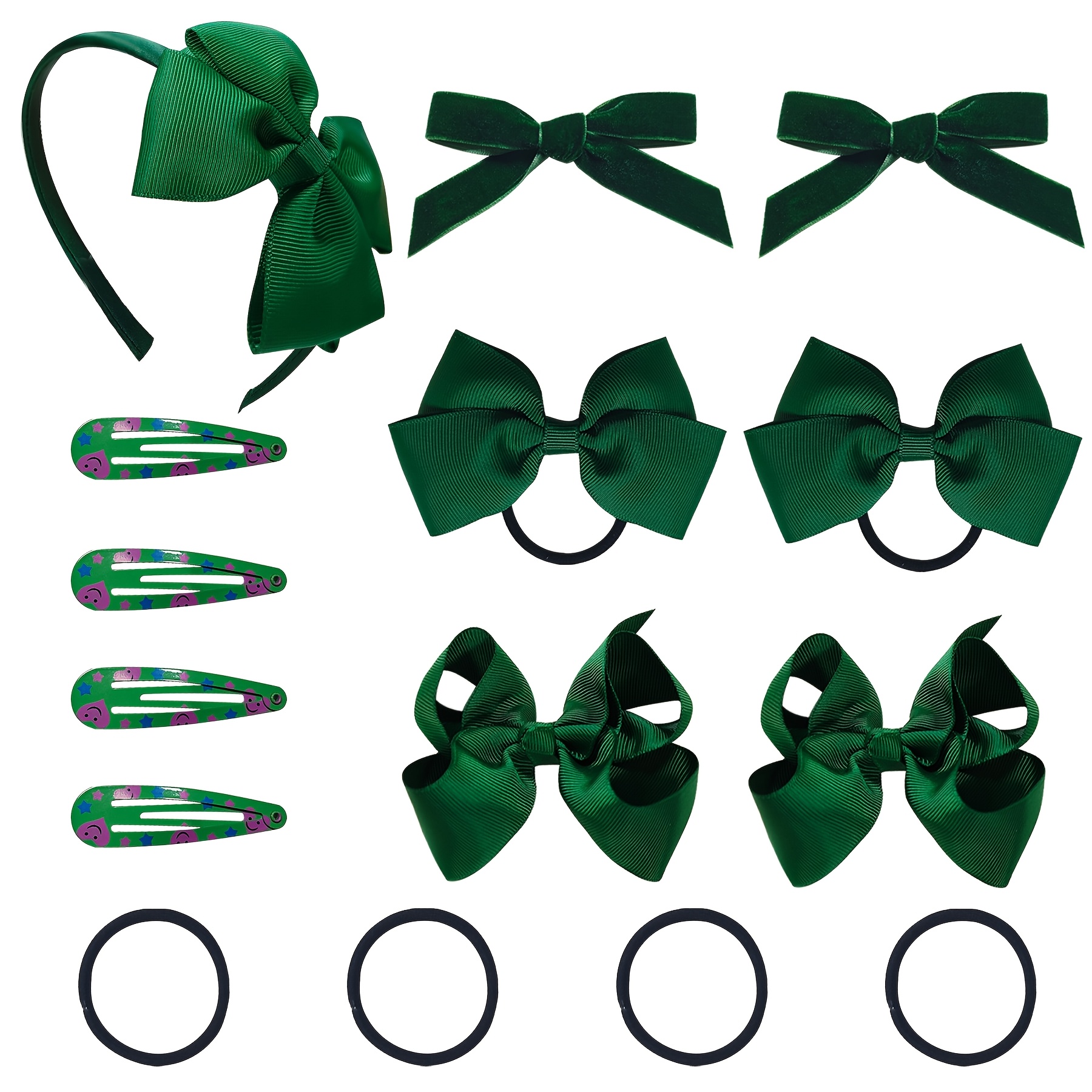 Image of 15pcs School Style Hair Clips Headbands Set, Velvet Bow Hair Clip, Colorful Patterned Small Clips, Green Tone Hair Additions, Suitable For Christmas, Halloween, Back To