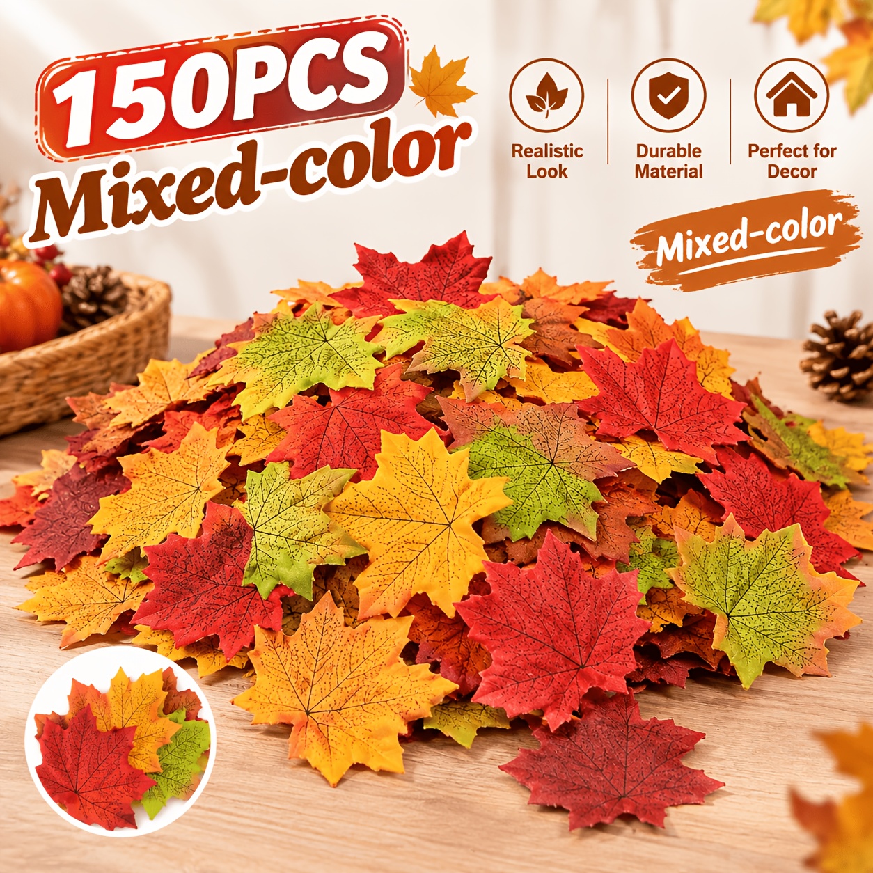 TEMU 150pcs Artificial Fake Leaves, Multicolor Mixed Autumn Decoration Art Craft Stickers, Halloween Thanksgiving Christmas Decoration, Room Decor,