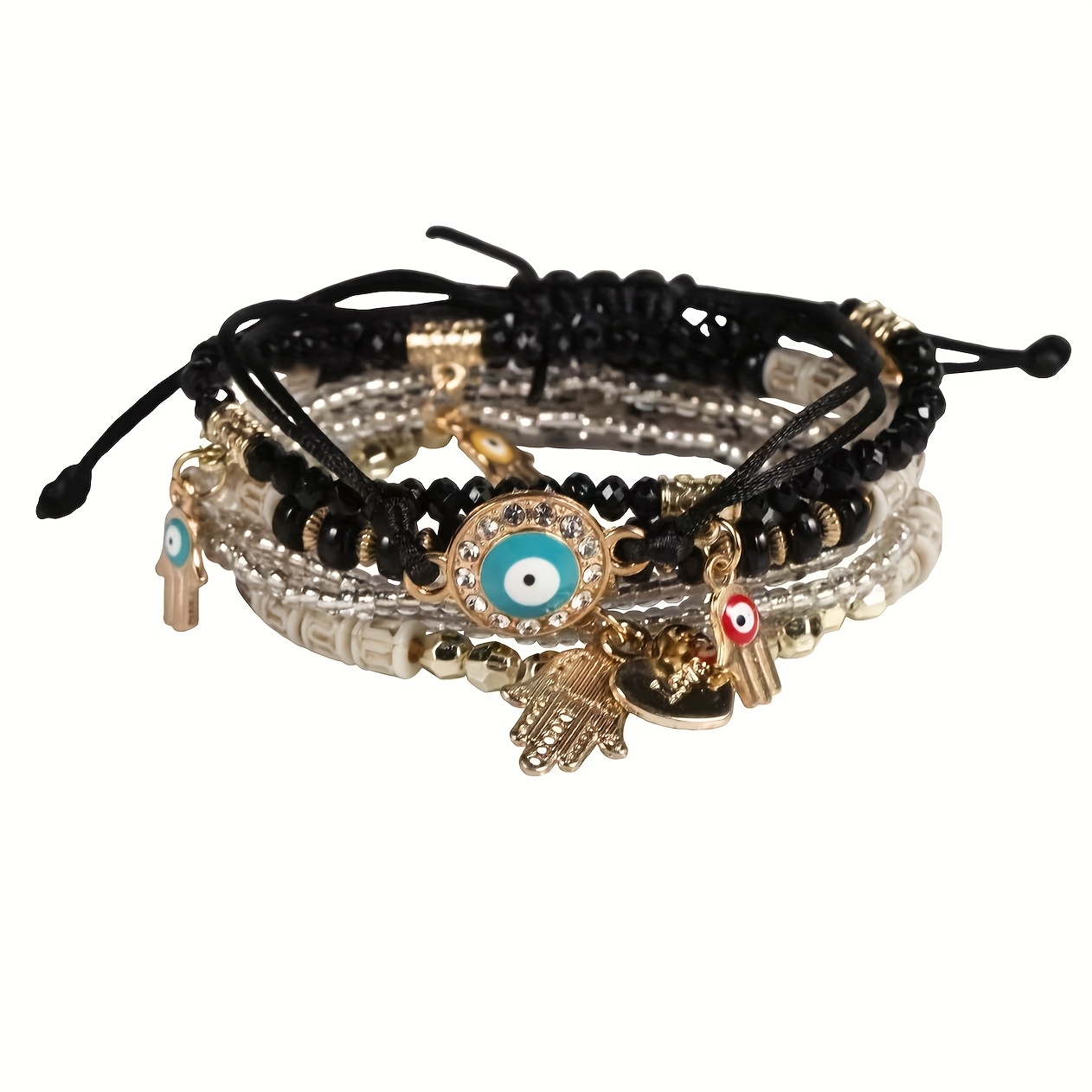 TEMU 6pcs Evil Eye Bohemian Stackable Bracelet Set For Women, Exotic Ethnic Style Woven Hand Jewelry, Fashionable Daily Wear And Vacation Accessories