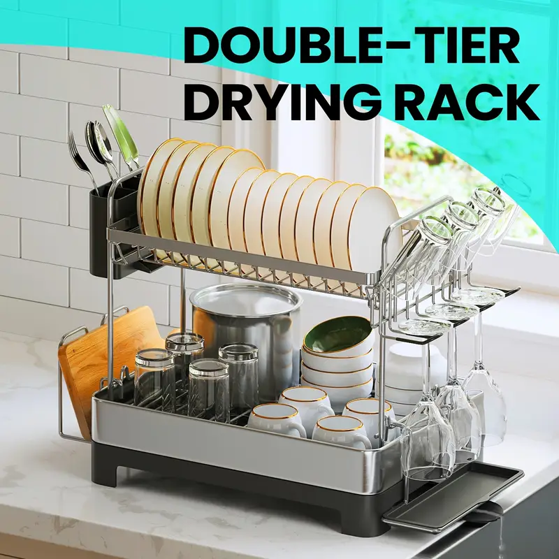 2 tier dish drying rack with rotatable drain spout kitchen counter dish rack with extendable drain spout dish drainer for utensils cups glasses cutting boards space saving and easy to assemble new year gift valentines day gift Product details 4