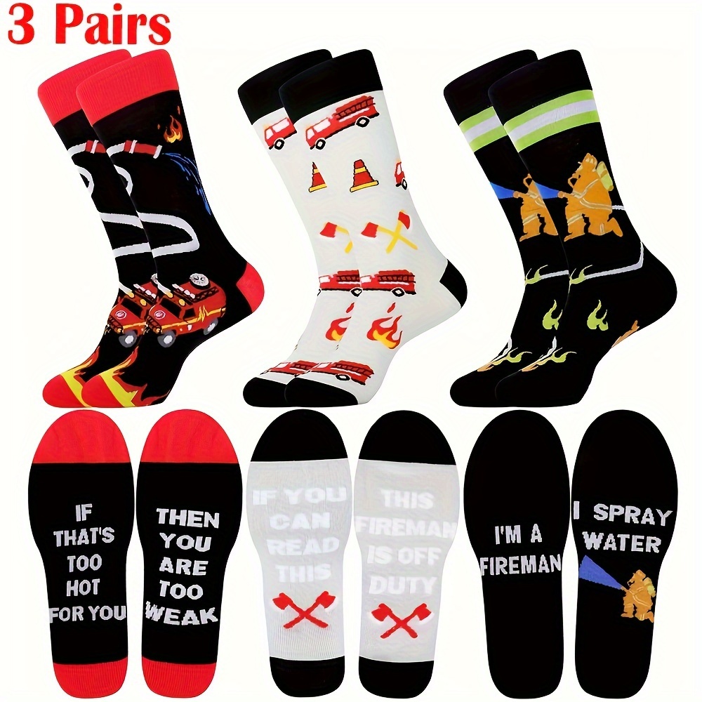 

3pcs Firefighter Themed Novelty Socks - Perfect Gift For Dad, | Soft & Breathable Cotton Crew Socks With | Ideal For