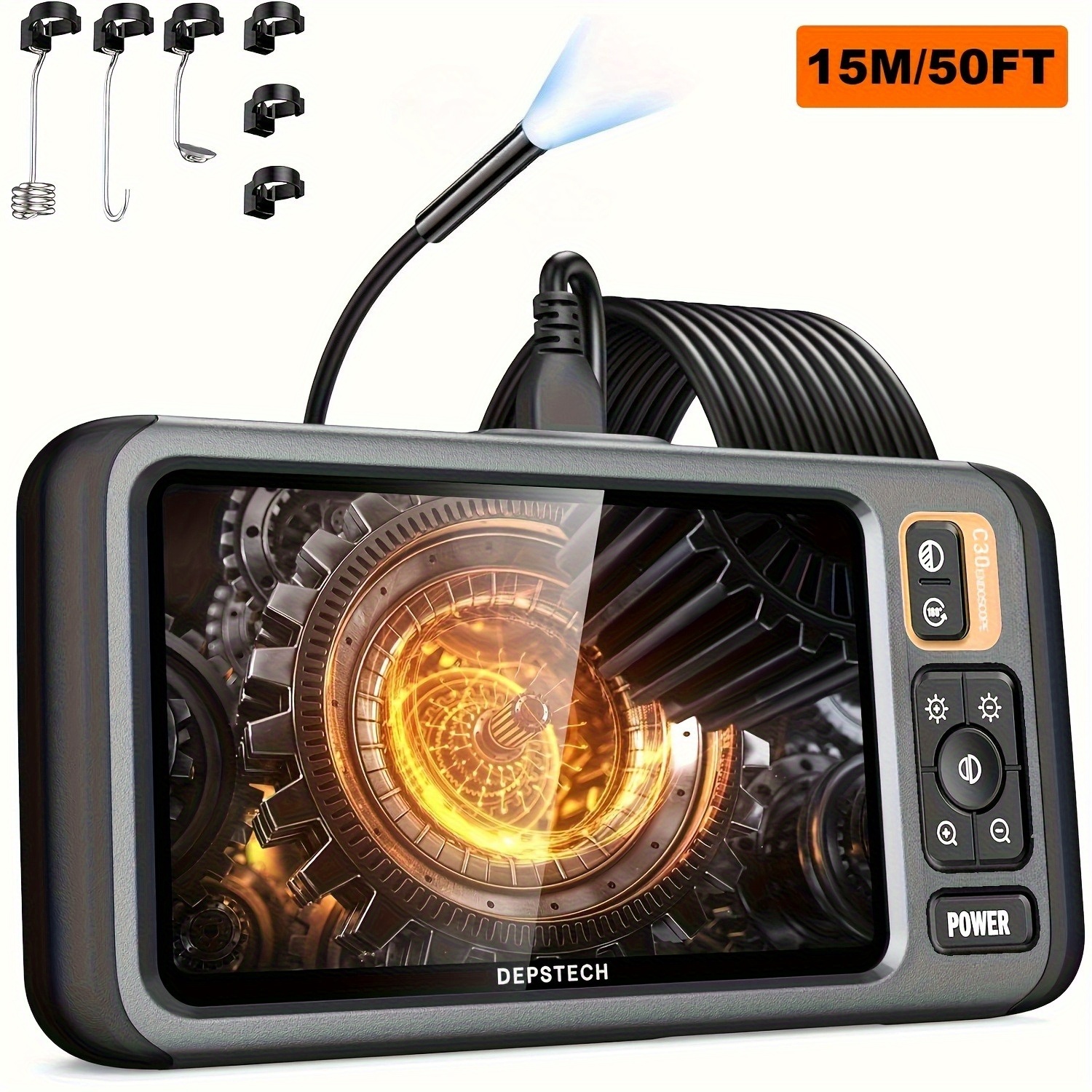 TEMU Caméra endoscope 4,3" avec lumière, endoscope industriel photo/vidéo HD 1080P, outil boroscope IP67 avec câble semi-rigide de 16,, caméra avec 6