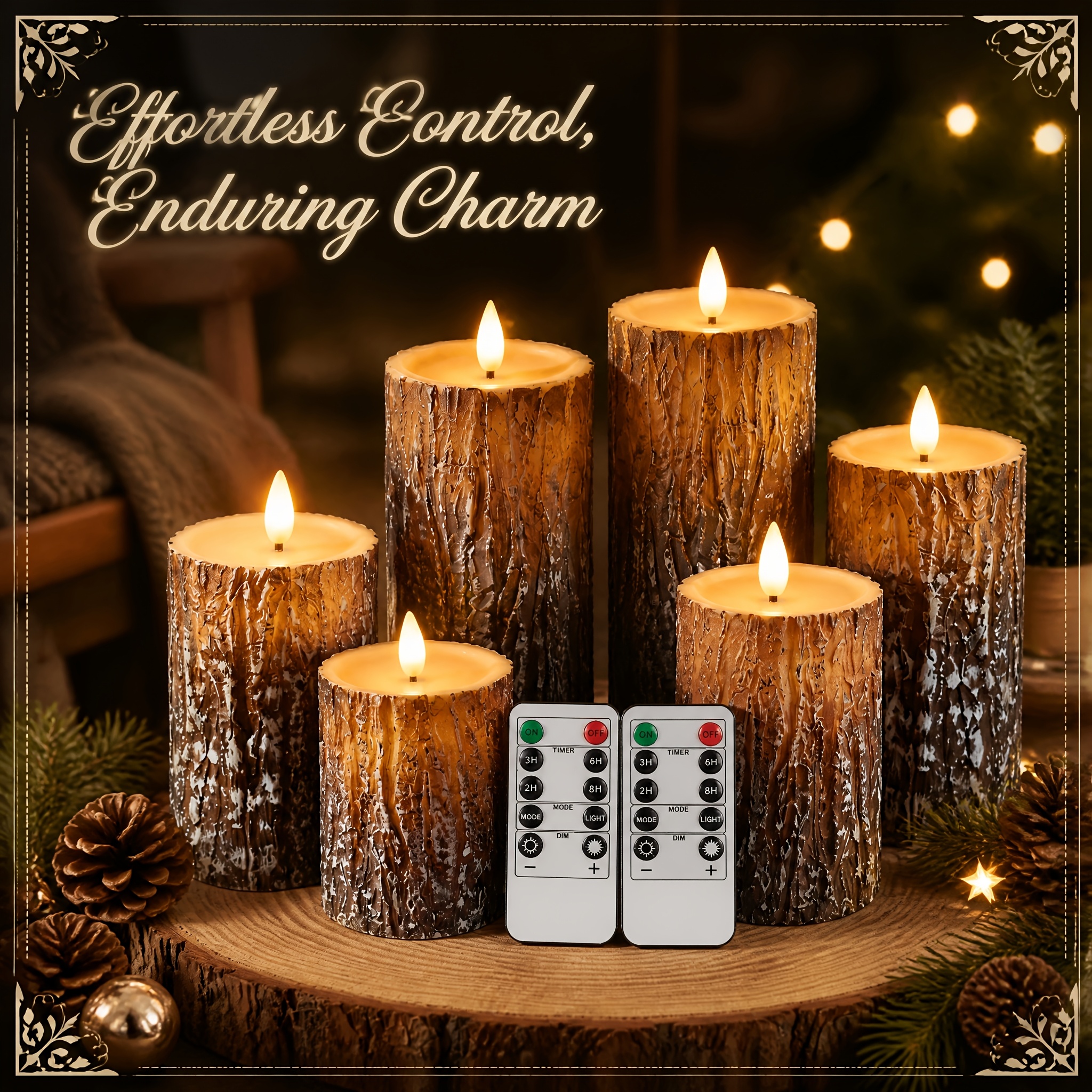 TEMU 6pcs Flameless Candles, Battery-powered Flickering Candles, 3pcs Pine Bark Pillar Electric Led Candle Set, Ideal For Home, Bedroom, Proposals,