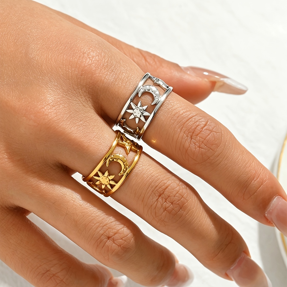 Women's Open-Adjustable Star and Moon Pattern Stainless Steel Ring