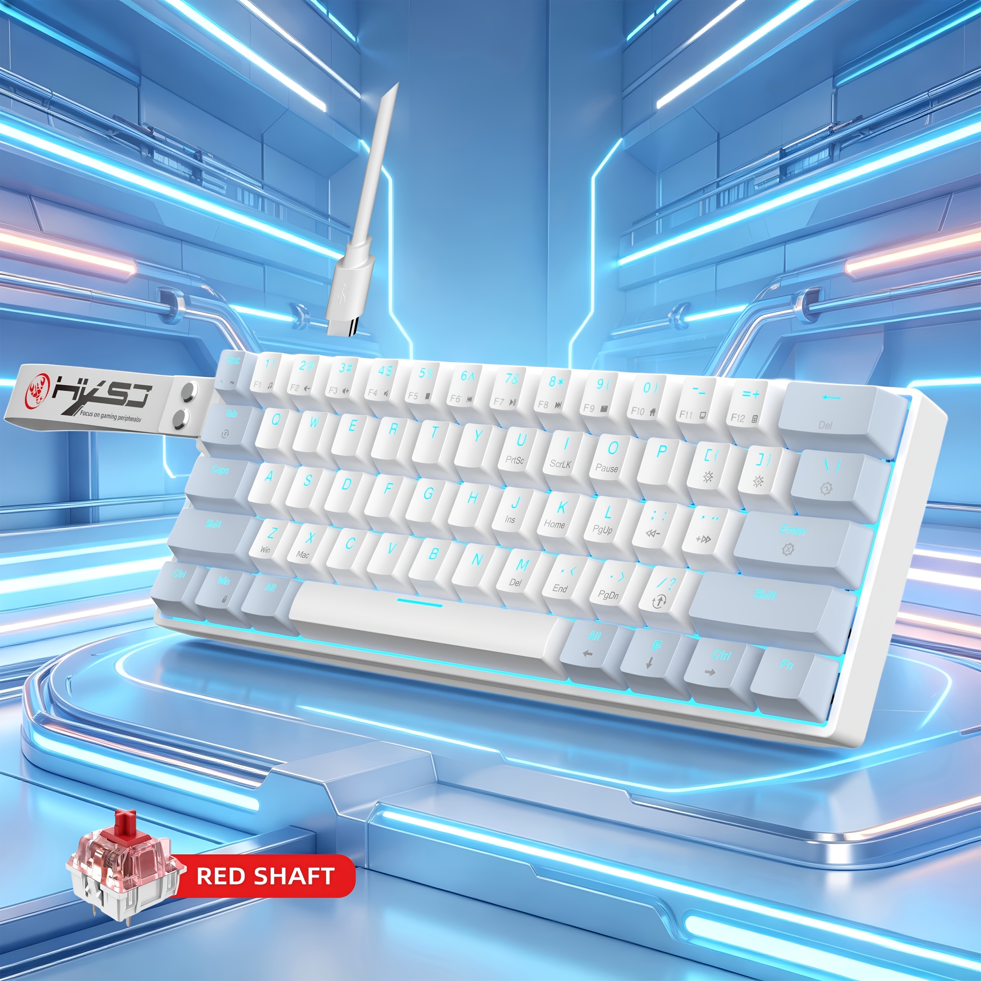 TEMU Ultra-compact Hxsj-60% Gaming Machine Keyboard, , Abs Material, 61-key Mini Portable Wired Keyboard, White Blue/blue Scheme, Usb Powered, Plug
