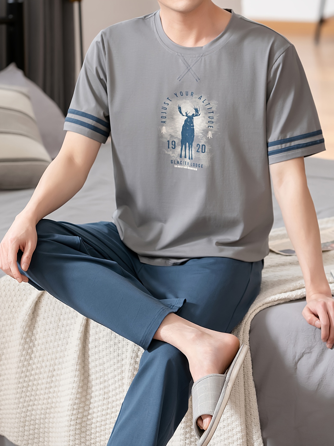 Summer Men's Pajamas Pure Cotton Short Sleeve Long Pants Slim Fit Plus Size Youth Loose Home Wear Set