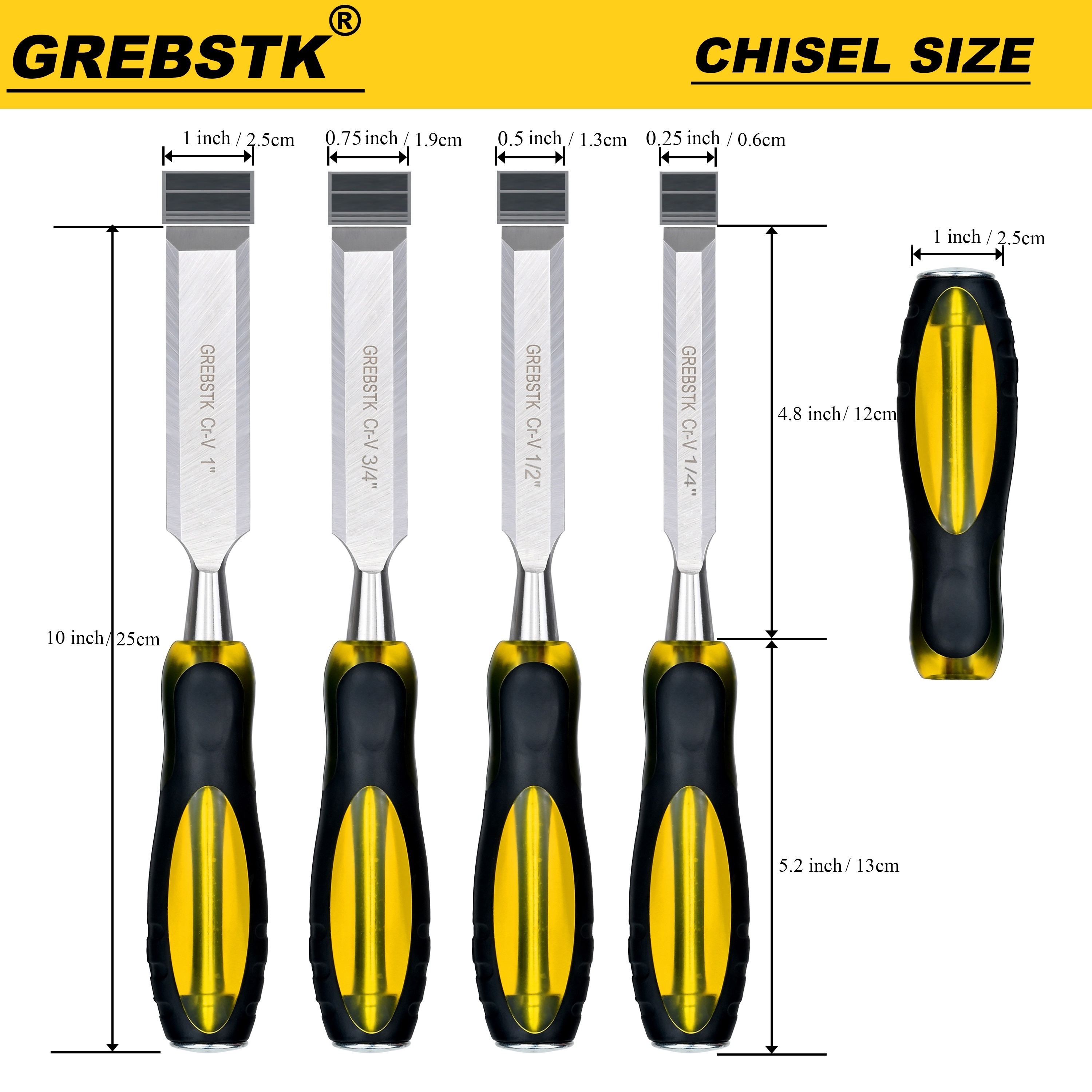 TEMU Grebstk Professional Woodworking Chisels Set Of 4 - Chrome Vanadium Steel, Polished & Oil Rubbed Finish, Durable Handle, Pre-sharpened Wood Carving Tools