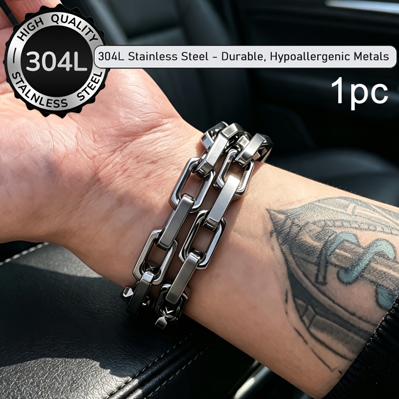 TEMU 1pc Men's New Trending 304l 304l Stainless Bracelet - Stylish Hip Hop Men's Accessory, Anti Allergic, Non Fading High-end Jewelry Gift Bracelet