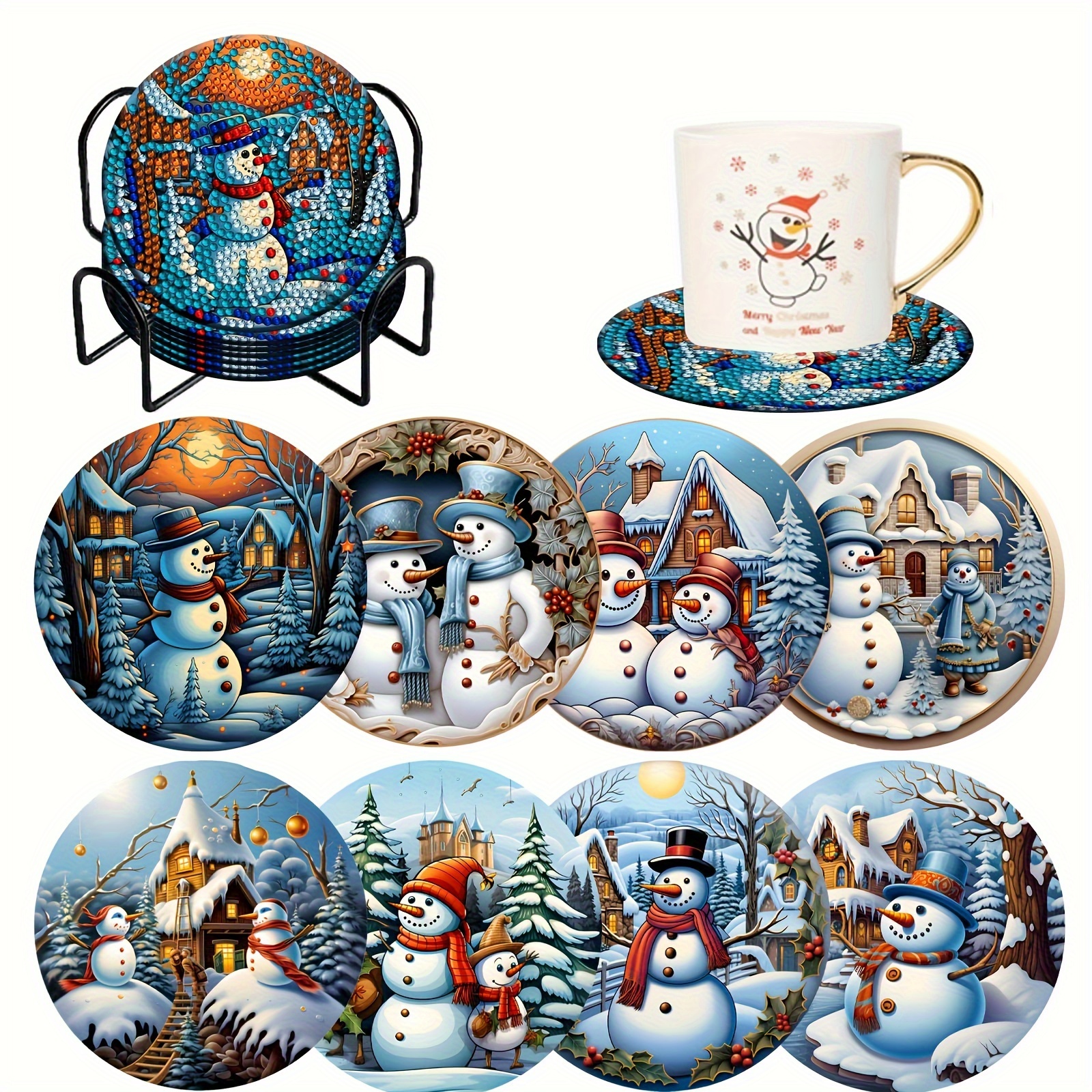 

8-piece Diamond Painting Coaster Set With Stand - Diy Full Drill Craft Kit For Beginners, Round Diamonds, Festive Christmas Snowman Design Snowman Diamond Painting Kits Snowman Diamond Art